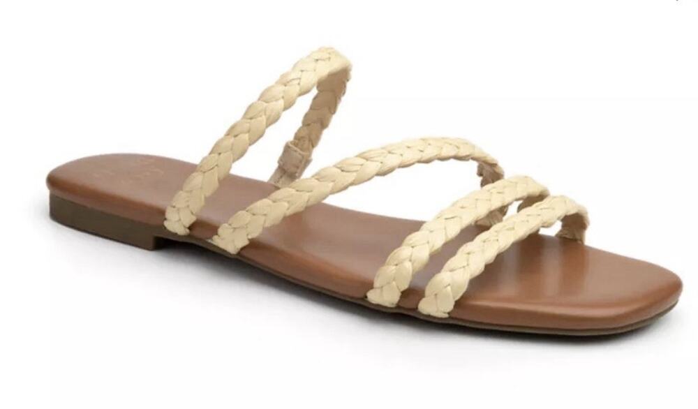 Crown & Ivy Bexley Raffia Flat Sandals Women's 8.5 Braided Straps Yellow Brown